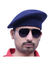Default navy beret cap in wool from the side with sunglasses, available to buy beret cap online