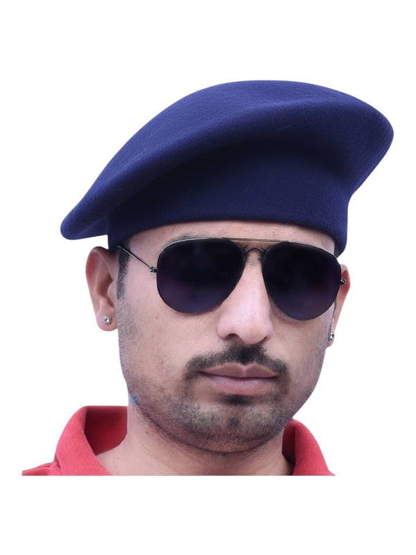 Default navy beret cap in wool from the side with sunglasses, available to buy beret cap online