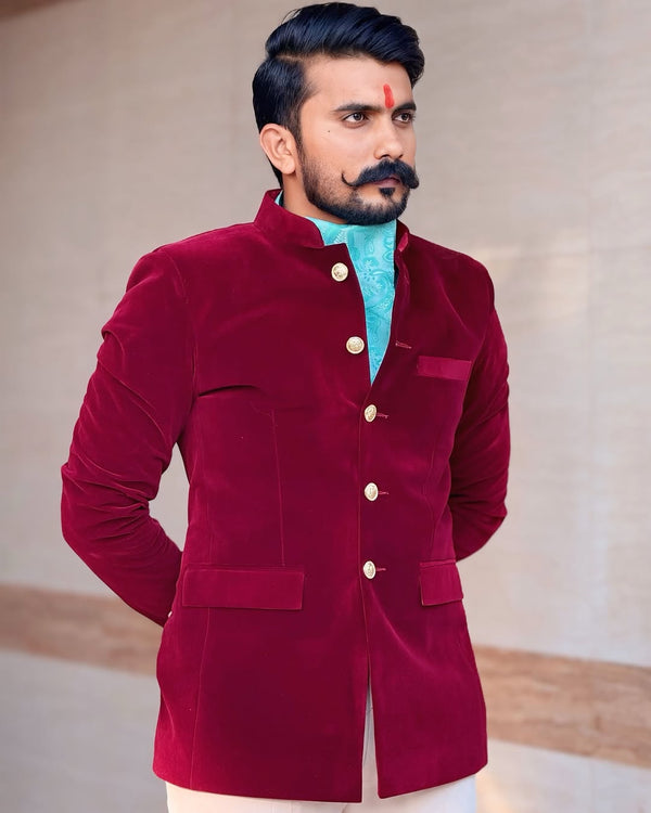 Hard Velvet Maroon Jodhpuri Suit