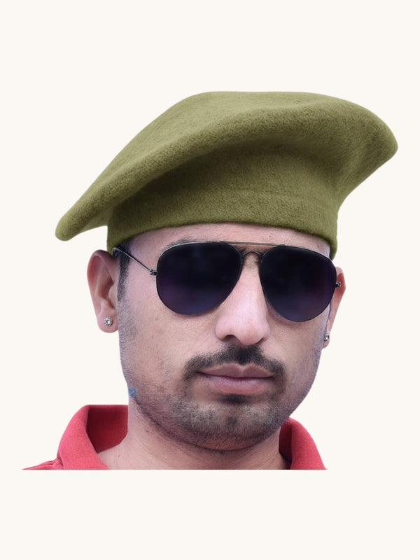 Default Olive Green Beret Cap Online in Wool, Side Angle View with Sunglasses