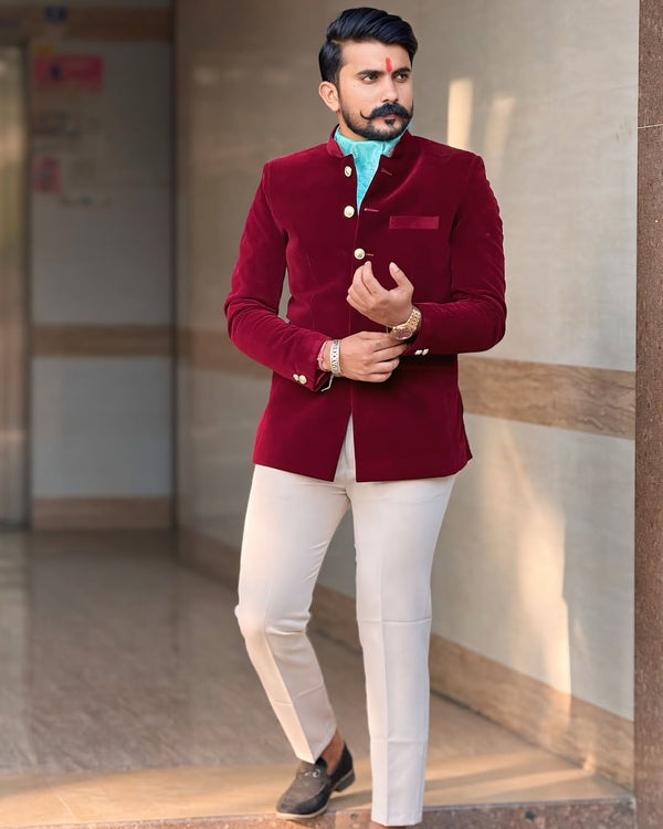 Hard Velvet Maroon Jodhpuri Suit