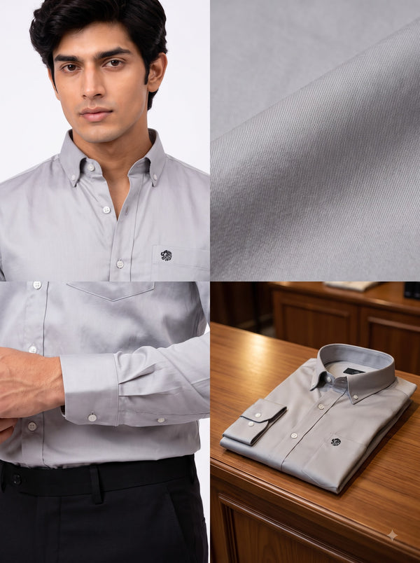 Men's grey plain shirt in cotton fabric featuring a classic fit and button-down collar