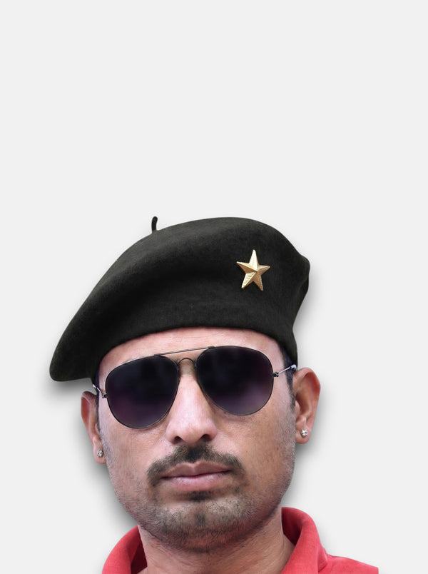 Default black fabric beret cap worn at the front with star detail - Black Beret Cap & Star Lobo Combo