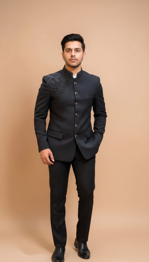 Black embroidered bandhgala suit by Modern Marwar featuring intricate detailing and a tailored fit