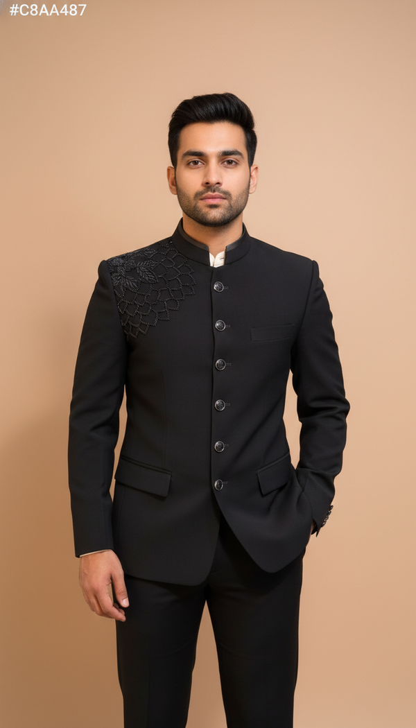 Stylish black embroidered bandhgala suit designed by Modern Marwar for formal occasions