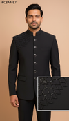 Stylish black embroidered bandhgala suit with unique shoulder detailing and a modern fit