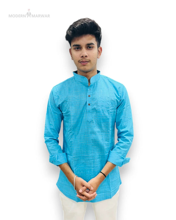Blue men's kurta from Modern Marwar featuring a stylish collar and button details