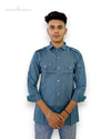 Modern Marwar casual blue linen shirt with buttoned pockets and rolled sleeves, perfect for everyday wear