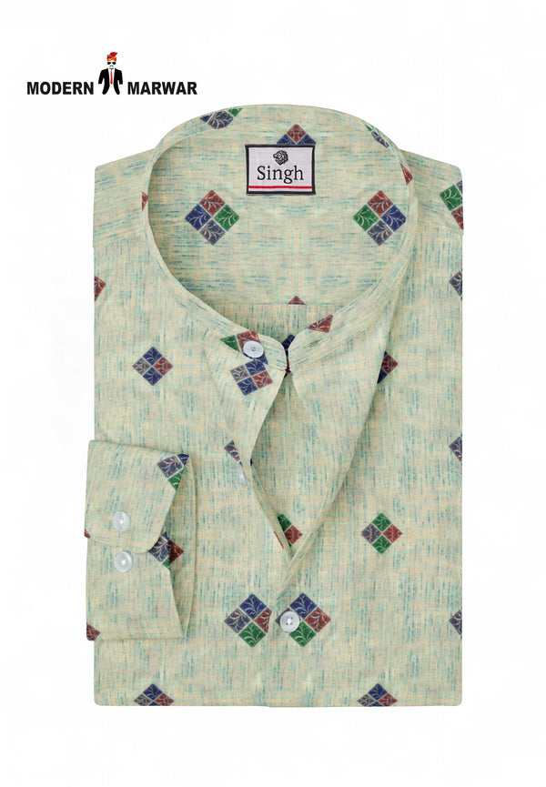 Modern Marwar Designer Men's Kurtas in Light Green with Colorful Diamond Patterns