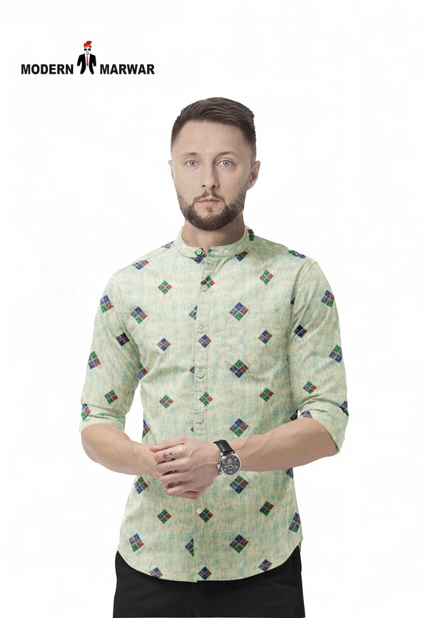 Green Modern Marwar designer men's kurtas with unique patterns and a stylish collar for casual wear