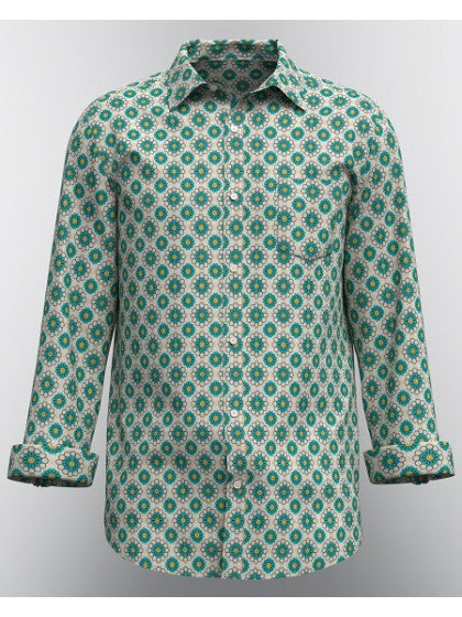 Modern Marwar designer men's shirt in green with intricate floral print for a stylish look