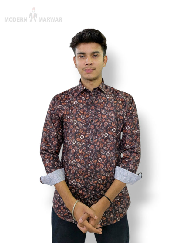 Modern Marwar digital print men's shirt in dark floral pattern, ideal for casual and semi-formal occasions