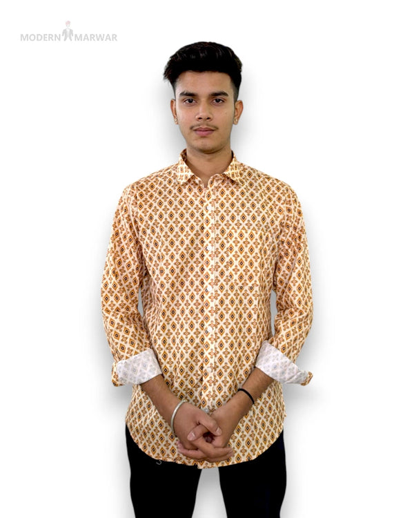 Stylish digital print men's shirt from Modern Marwar featuring a vibrant pattern and long sleeves