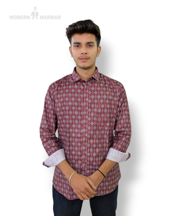 Modern Marwar digital print men's shirt in maroon with intricate patterns for stylish casual wear