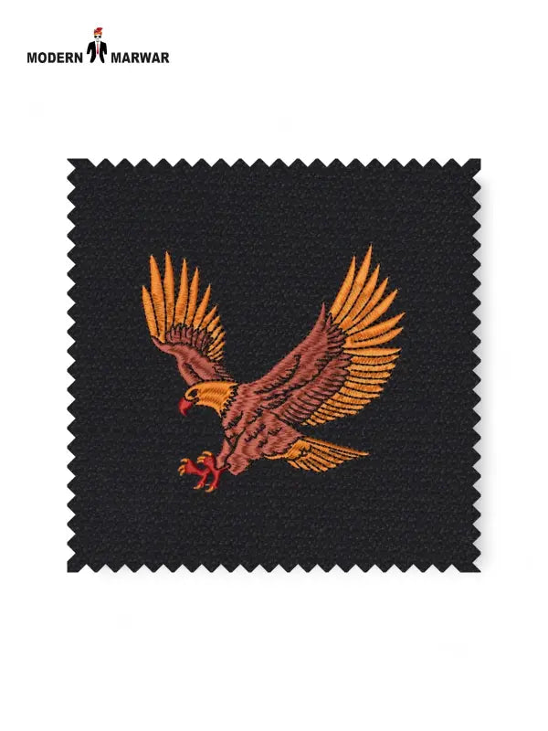 Eagle Logo Jodhpuri Suit fabric swatch in black with vibrant eagle embroidery design