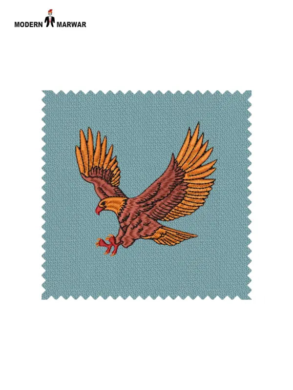 Eagle Logo Jodhpuri Suit fabric sample in blue with intricate eagle embroidery design