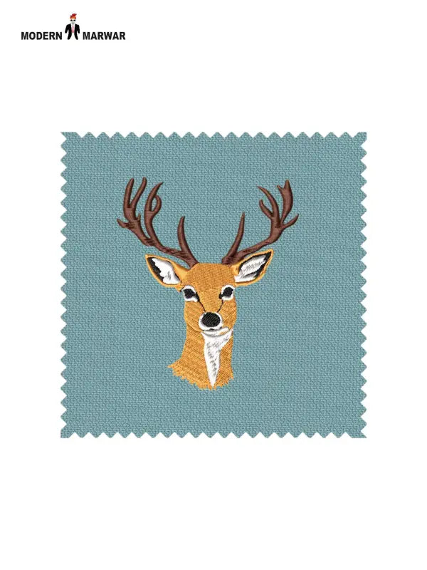 Embroidered deer logo coat suit fabric swatch in blue with detailed deer head design.