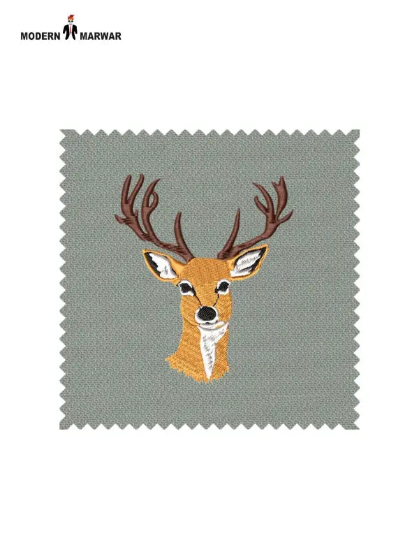 Embroidered deer logo coat suit fabric swatch in green with detailed deer design