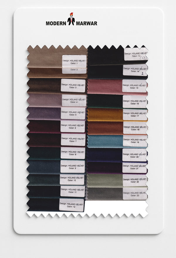 Swatches of holend velvet fabric for suits showcasing various colors and textures