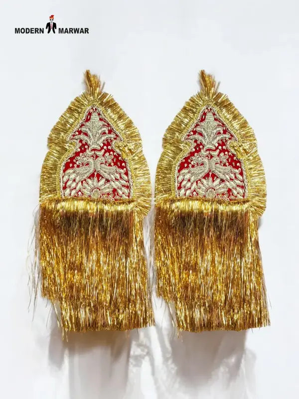 Golden Sherwani Accessories with Intricate Embroidery and Fringed Details for Traditional Attire