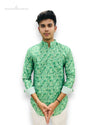 Modern Marwar Green Kurta for Men with Floral Design and Stand-Up Collar Style
