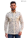M Hunting Shirts in beige cotton with floral pattern, front view showcasing design and fit, HUNTING SHIRTS-1308-204