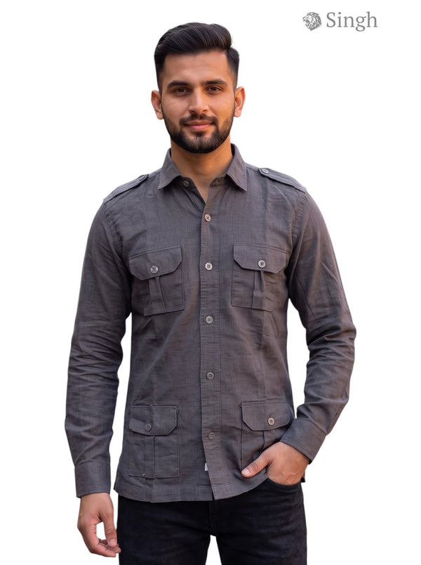 M Hunting Shirts in gray fabric, side view showing pockets and button details; HUNTING SHIRTS-1310-104
