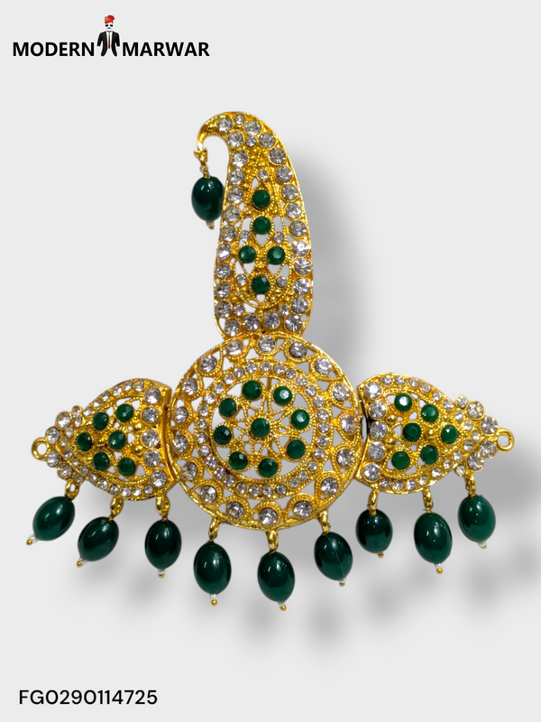 Traditional Indian wedding jewelry featuring intricate gold design with green gemstones and pearl accents