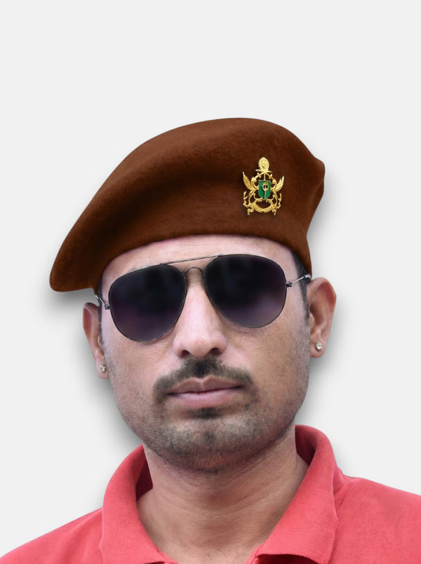 Default brown beret cap made of fabric with emblem, featuring Jadeja brown Beret Cap & Star Lobo Jadeja brown