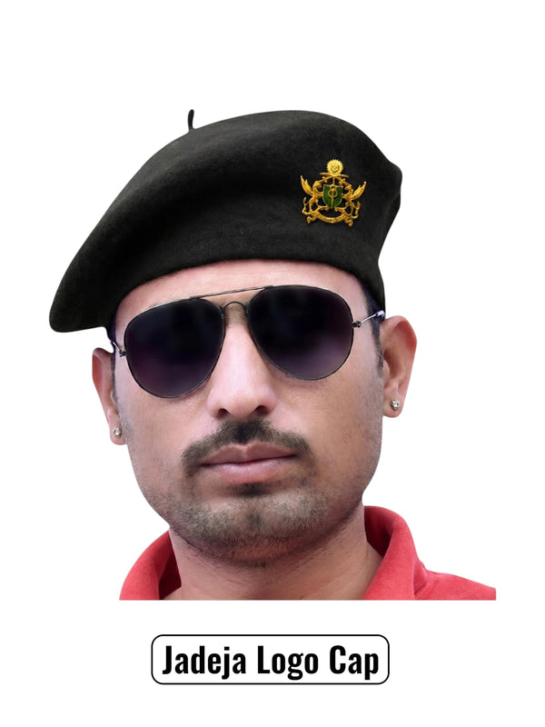 Default black beret cap made of fabric at a frontal angle featuring Jadeja Logo & Beret Cap By Singh Brand