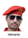 Red beret cap made of wool, featuring the Jadeja Logo & Beret Cap By Singh Brand, worn at an angle