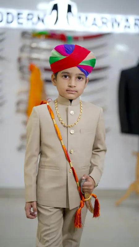 Traditional Jaisalmeri Safa for kids with vibrant colors and matching attire for festivals and celebrations