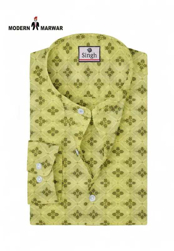 Yellow patterned Jodhpuri collar shirt for men from Modern Marwar with a stylish design