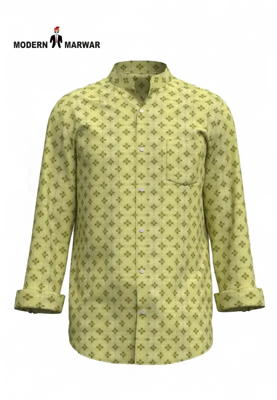 Stylish Jodhpuri collar shirt for men in light green with a subtle floral pattern by Modern Marwar