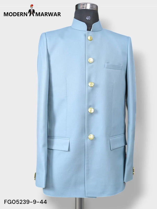 Light blue M Jodhpuri suit for men by Modern Marwar with gold buttons and a stylish design
