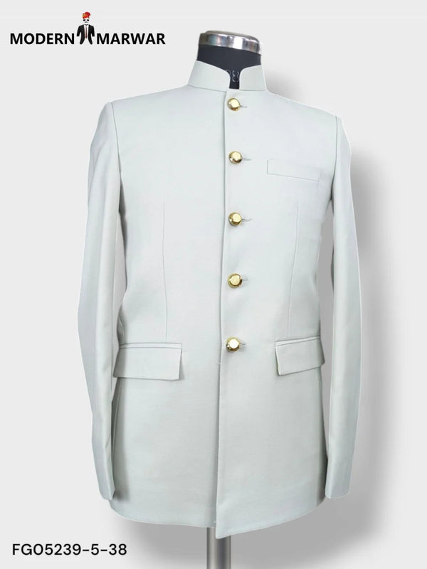Light grey Jodhpuri suit for men from Modern Marwar with gold buttons and slim fit design
