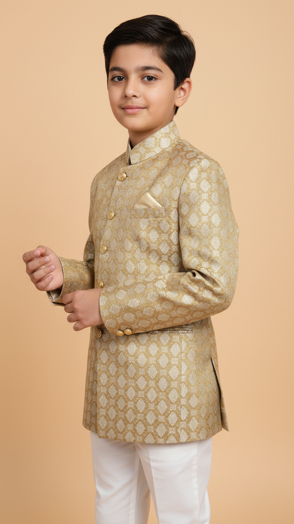 Kids achkan for wedding in gold with intricate patterns, suitable for formal occasions