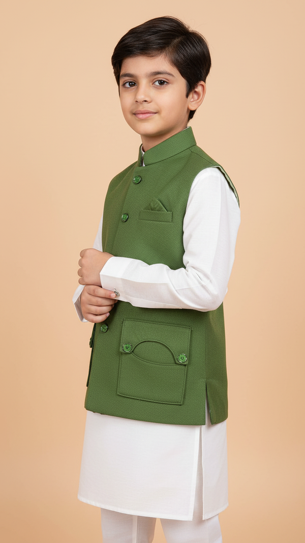 K Nahru Jacket for kids in green with pockets; perfect for Chotte Banna, available online as kids gun pocket koti online Chotte Banna