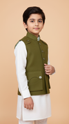 Kids gun pocket koti online Chotte Banna in olive green, perfect for festive occasions or casual wear