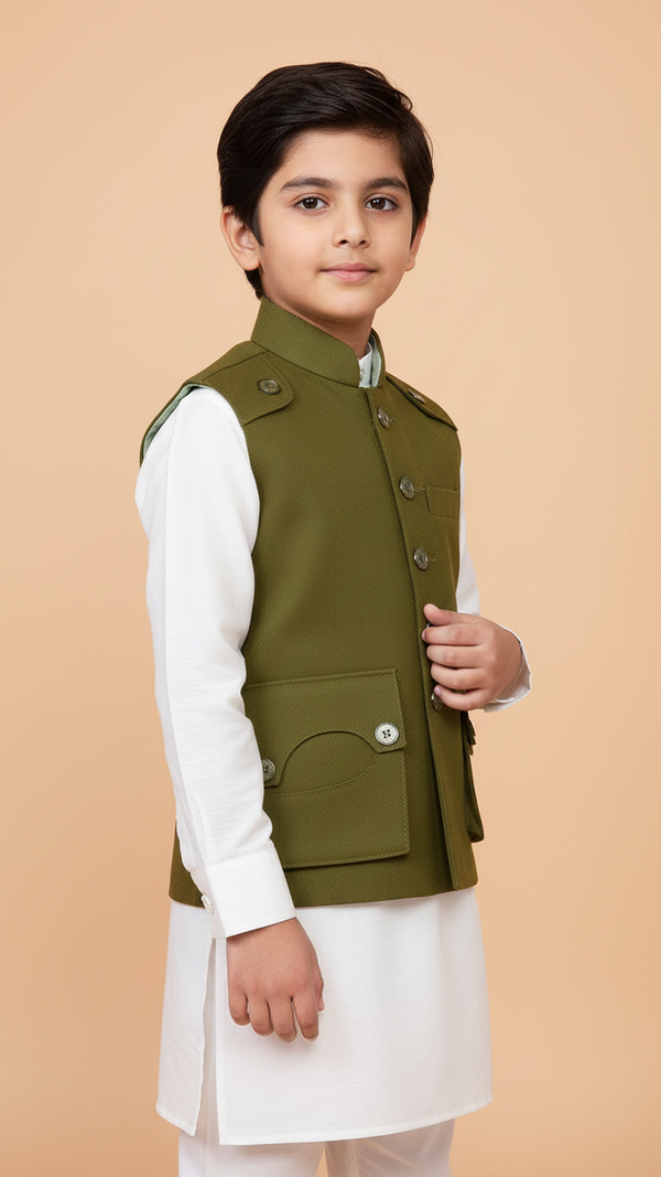 Kids gun pocket koti online Chotte Banna in olive green, perfect for festive occasions or casual wear