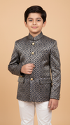 Elegant kids Jodhpuri suit with intricate patterns and a high collar, perfect for festive celebrations