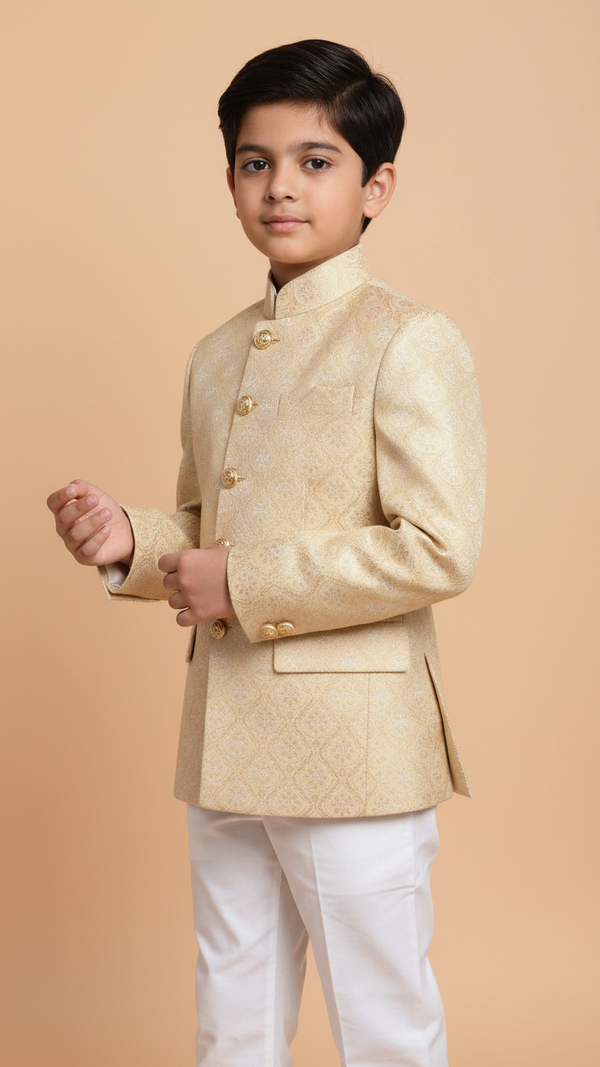 Stylish kids Jodhpuri suit in gold with intricate pattern, perfect for festive occasions