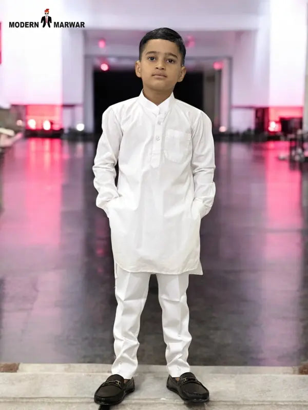 Stylish white kids kurta pajama set by Modern Marwar for festive occasions and celebrations