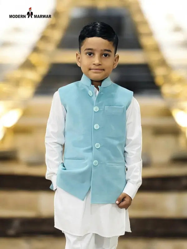 Stylish kids velvet koti in light blue for boys, perfect for festive occasions and celebrations