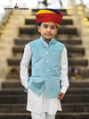 Stylish kids velvet koti in light blue worn by a boy with traditional colorful turban