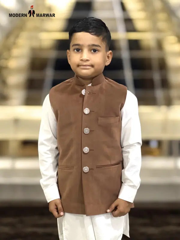 Stylish Kids velvet koti with button closure in brown for festive occasions and family gatherings