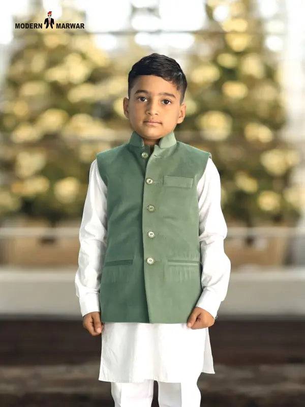 Stylish Kids Velvet Koti in Green with a Smart Collar and Button Closure for Special Occasions