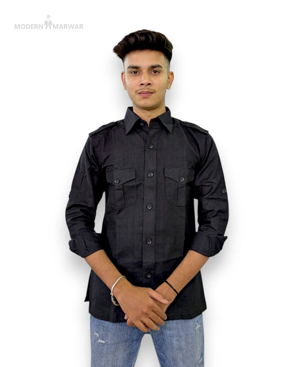 Modern Marwar linen black shirt for men with front pockets and a stylish design