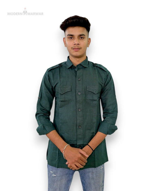 Modern Marwar linen casual shirt men's in dark green with buttoned pockets and long sleeves