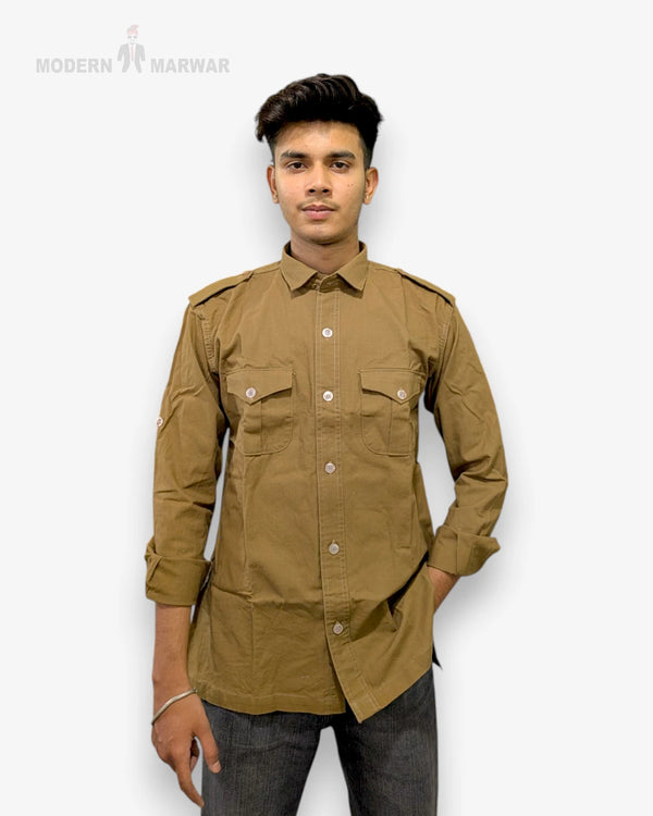 Brown Modern Marwar linen men's shirt featuring button-down front and chest pockets for a stylish look